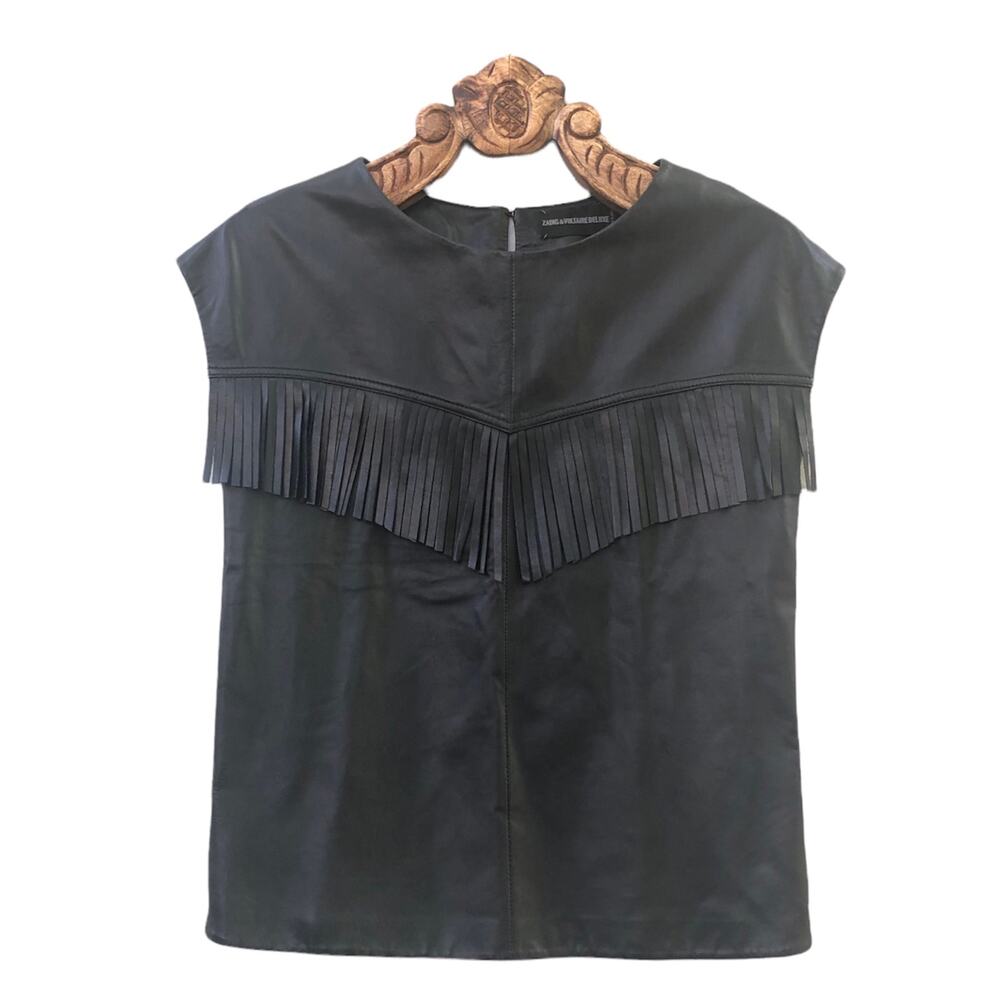 Zadig Voltaire Deluxe Lamb Leather Fringe Moto Top Black Small